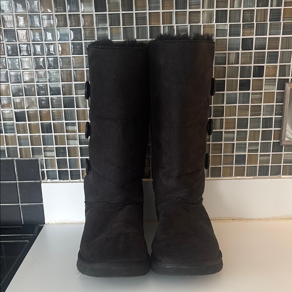 UGG Black Suede Button-Accent Tall Winter Boots